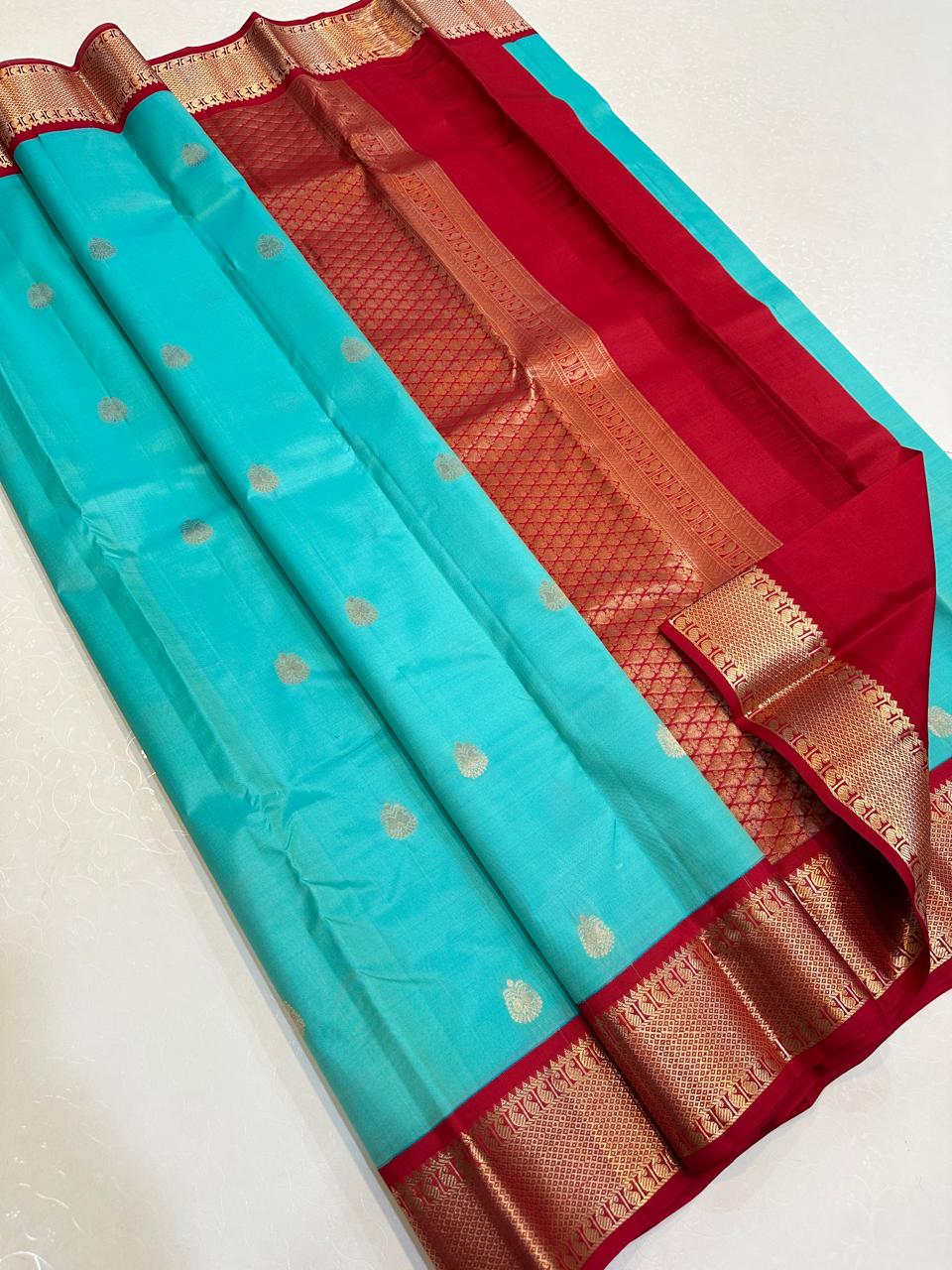 Sky Blue with Crimson Red Dense Gold Zari Border