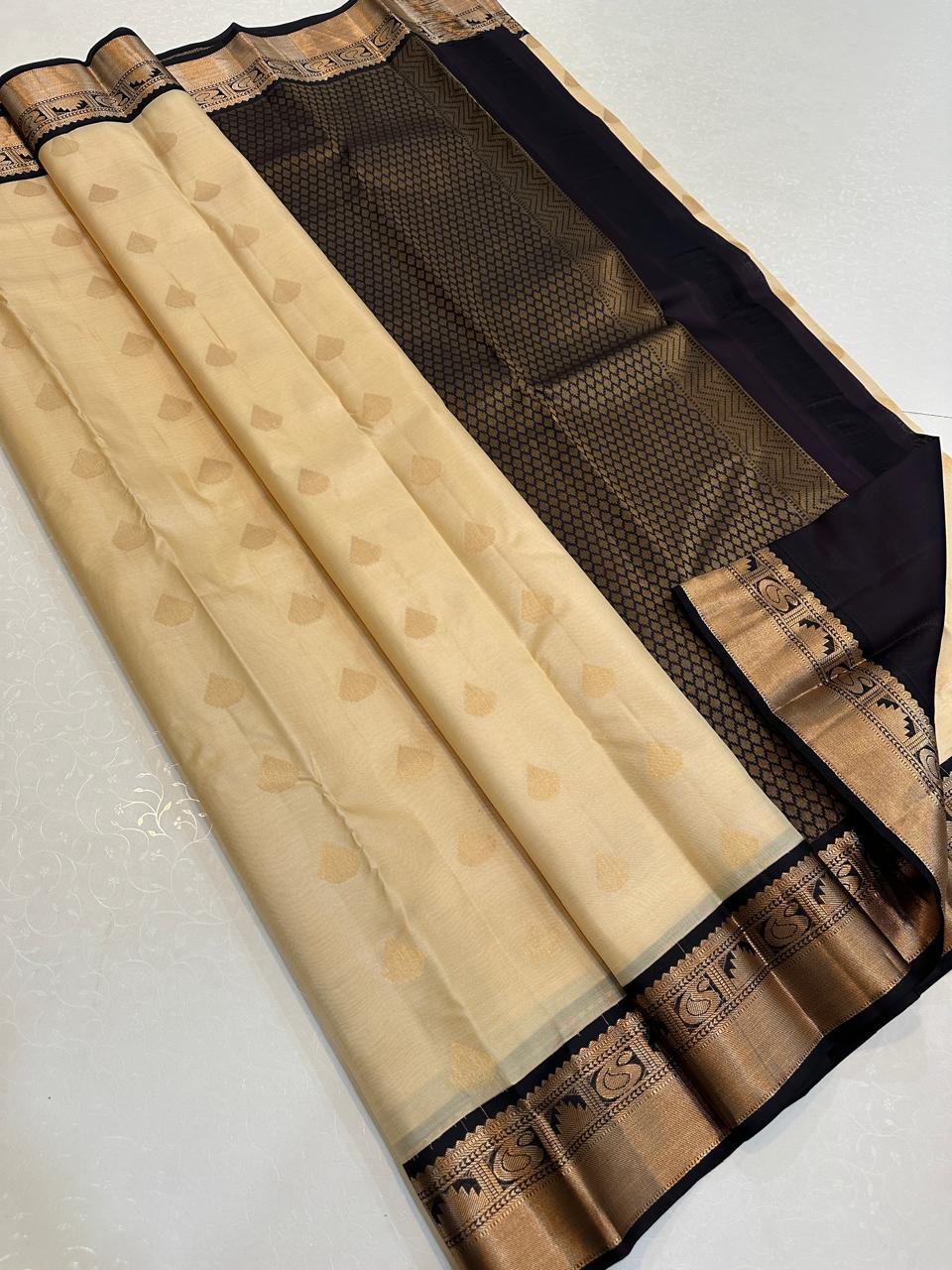 Cream Ivory with Jet Black Antique Gold Zari Border