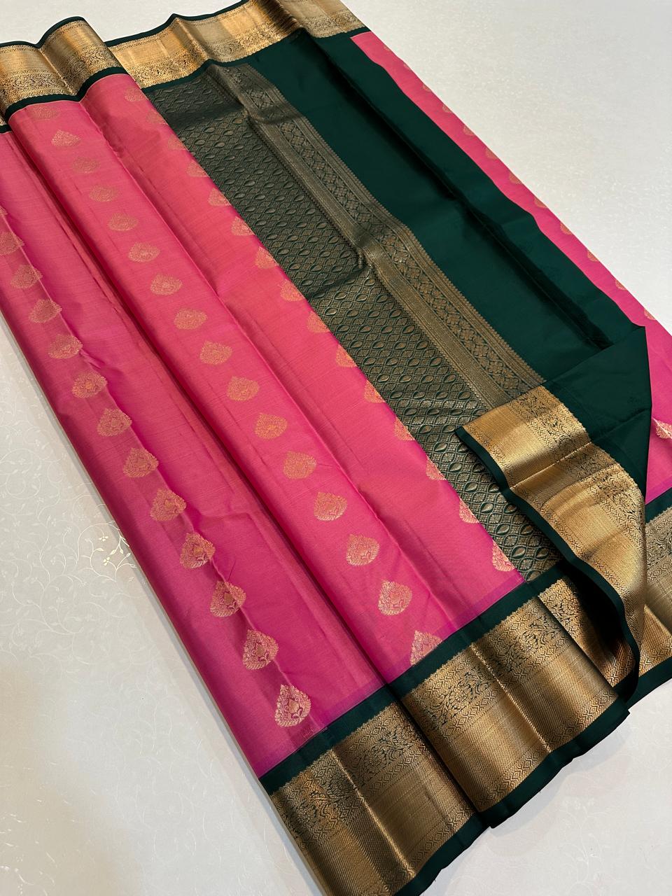 Hot Pink with Forest Green Antique Gold Zari Border