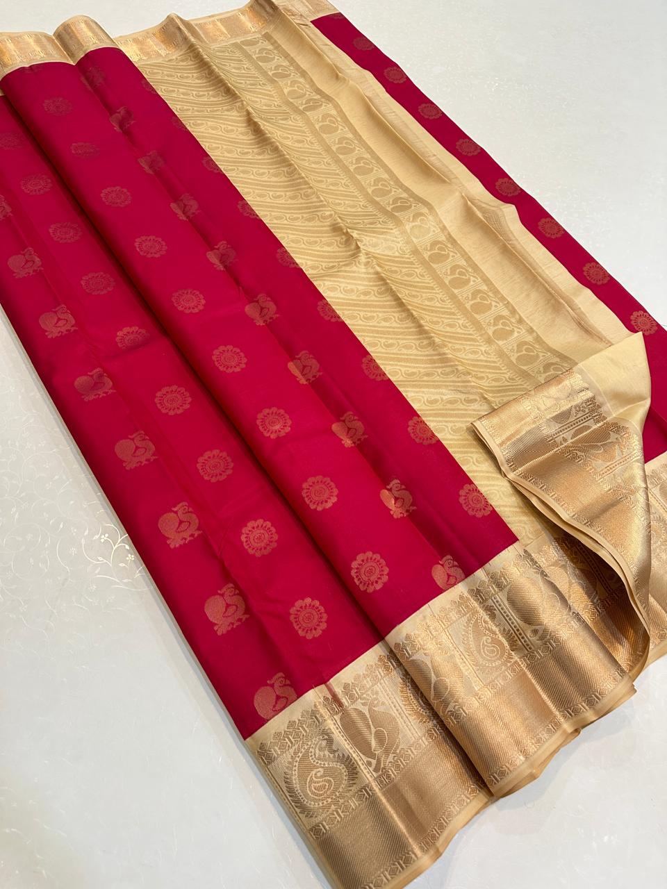 Deep Crimson with Champagne Gold Peacock Zari Border