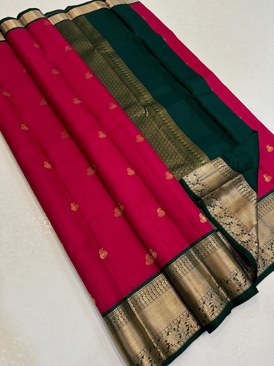 Magenta Pink with Forest Green Honeycomb Gold Zari Border