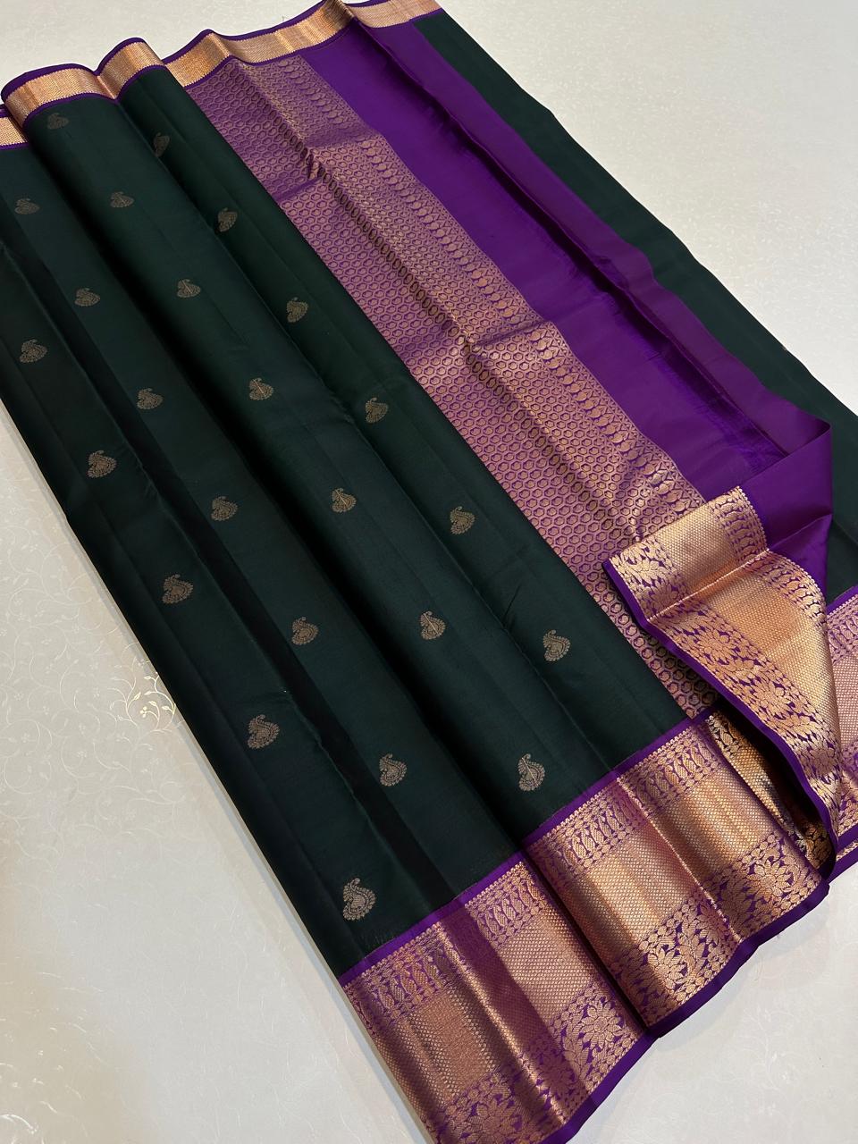 Deep Forest Green with Violet Copper Peacock Zari Border