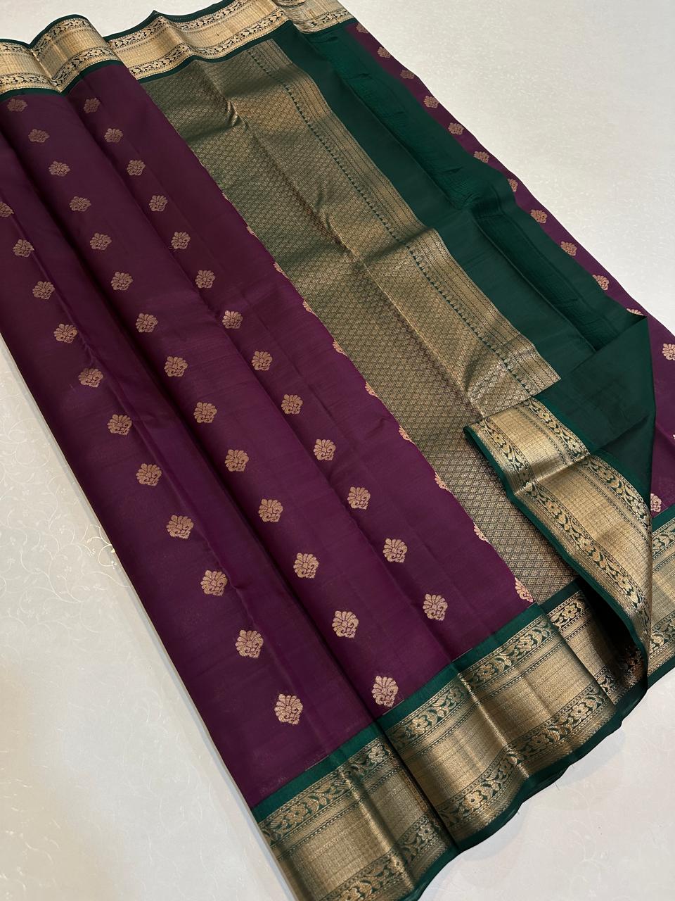 Deep Wine with Forest Green Antique Gold Zari Border