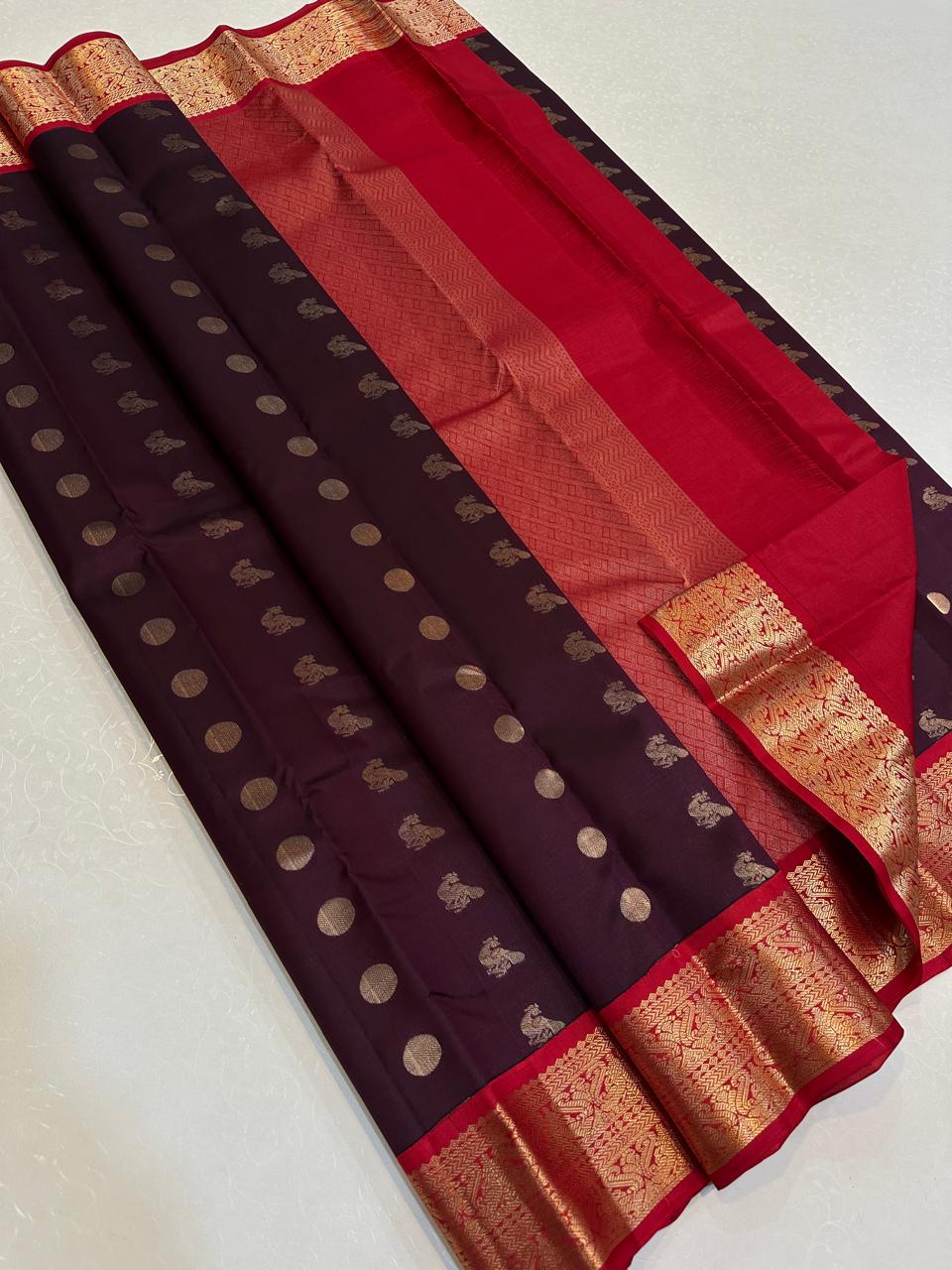 Deep Plum with Crimson Red Peacock & Chakra Zari Border