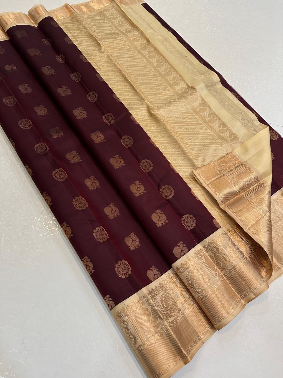 Deep Maroon with Champagne Gold Peacock Zari Pallu