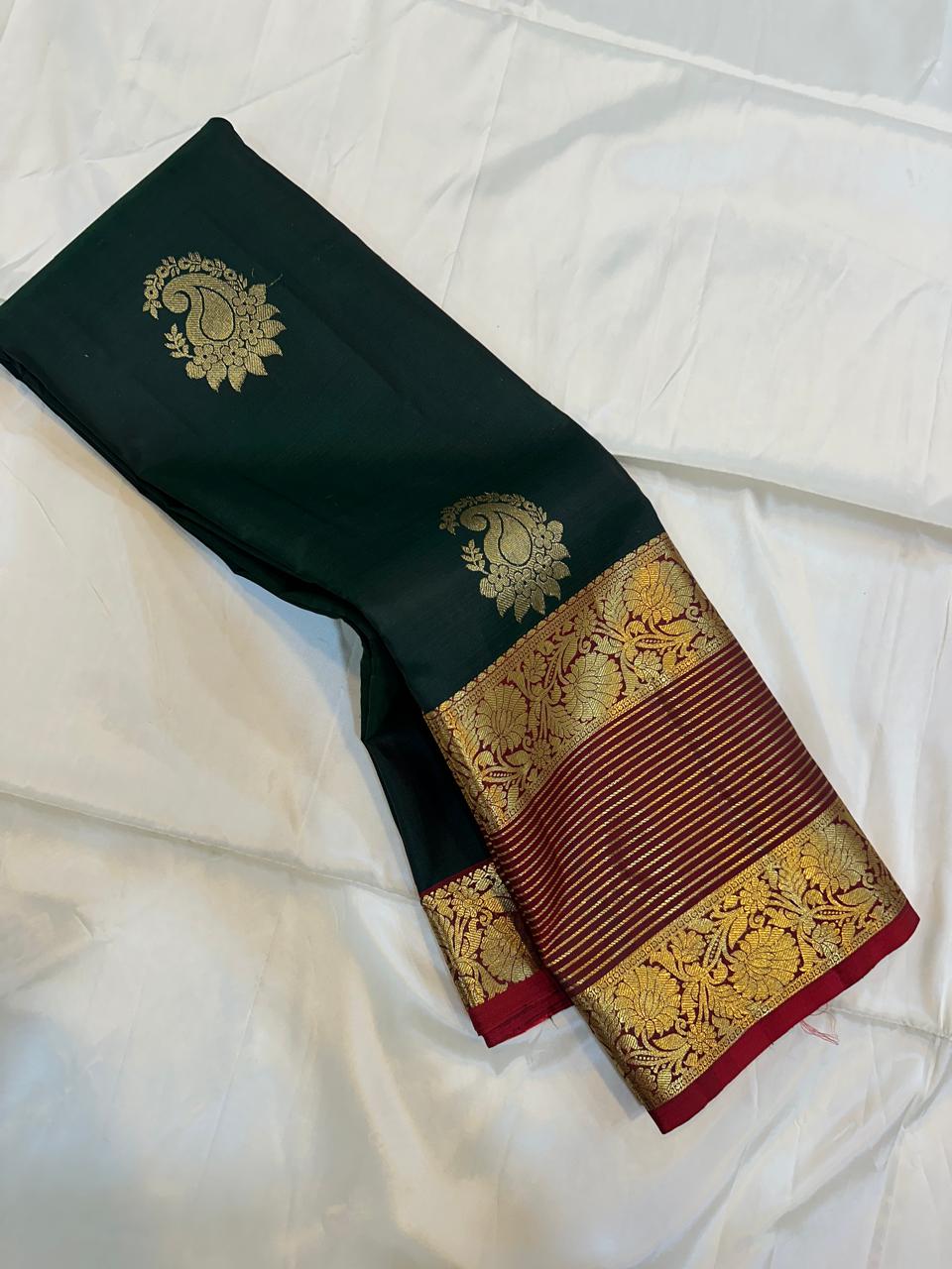 Deep Forest Green with Crimson Red Floral Gold Zari Border