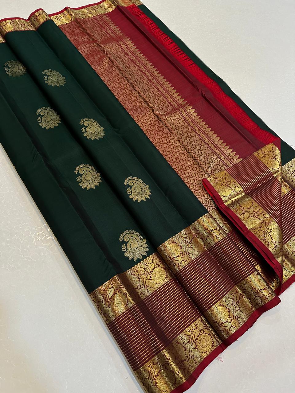 Deep Forest Green with Crimson Red Floral Gold Zari Border