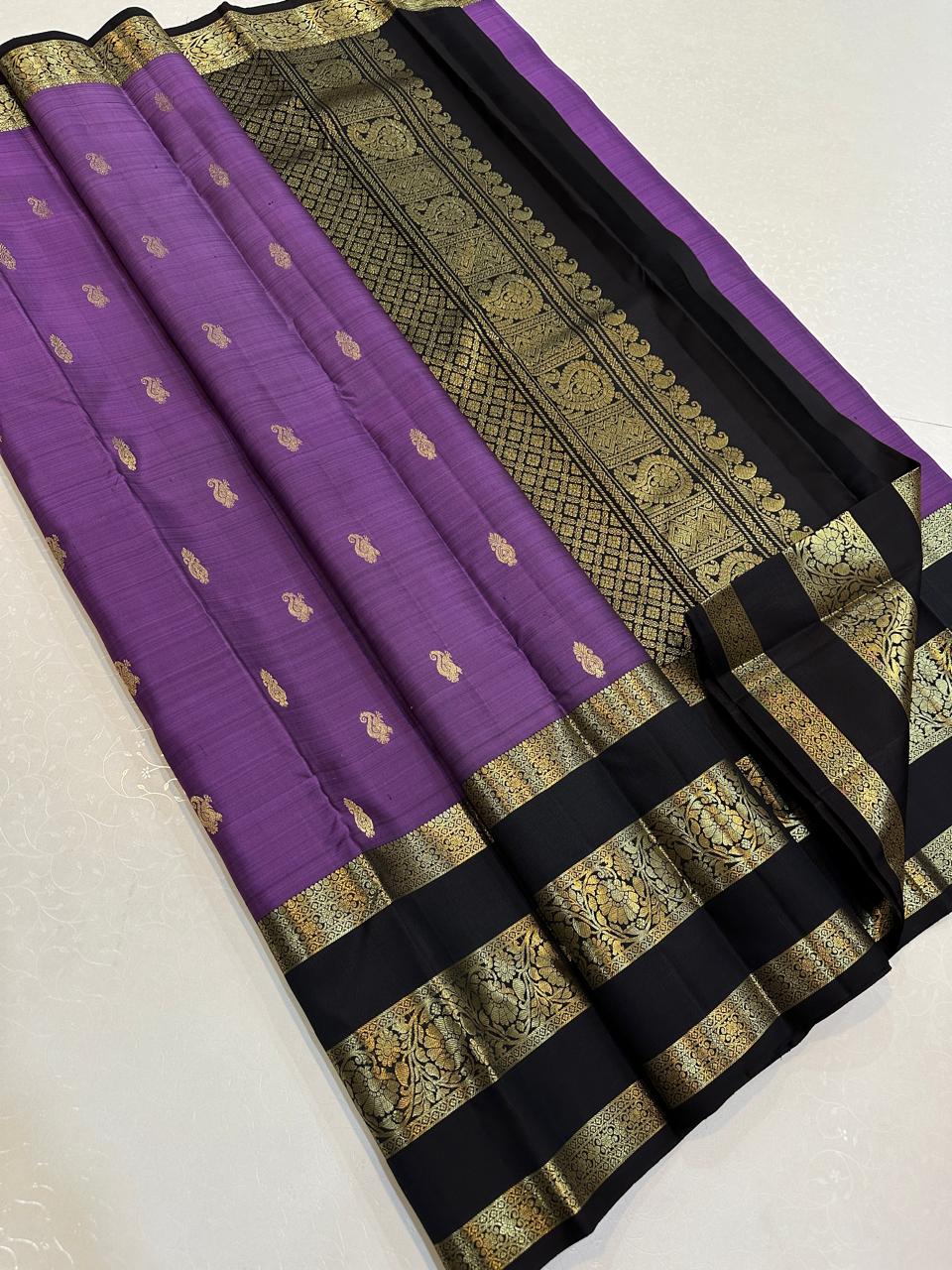 Amethyst Purple with Black Dense Gold Zari Border