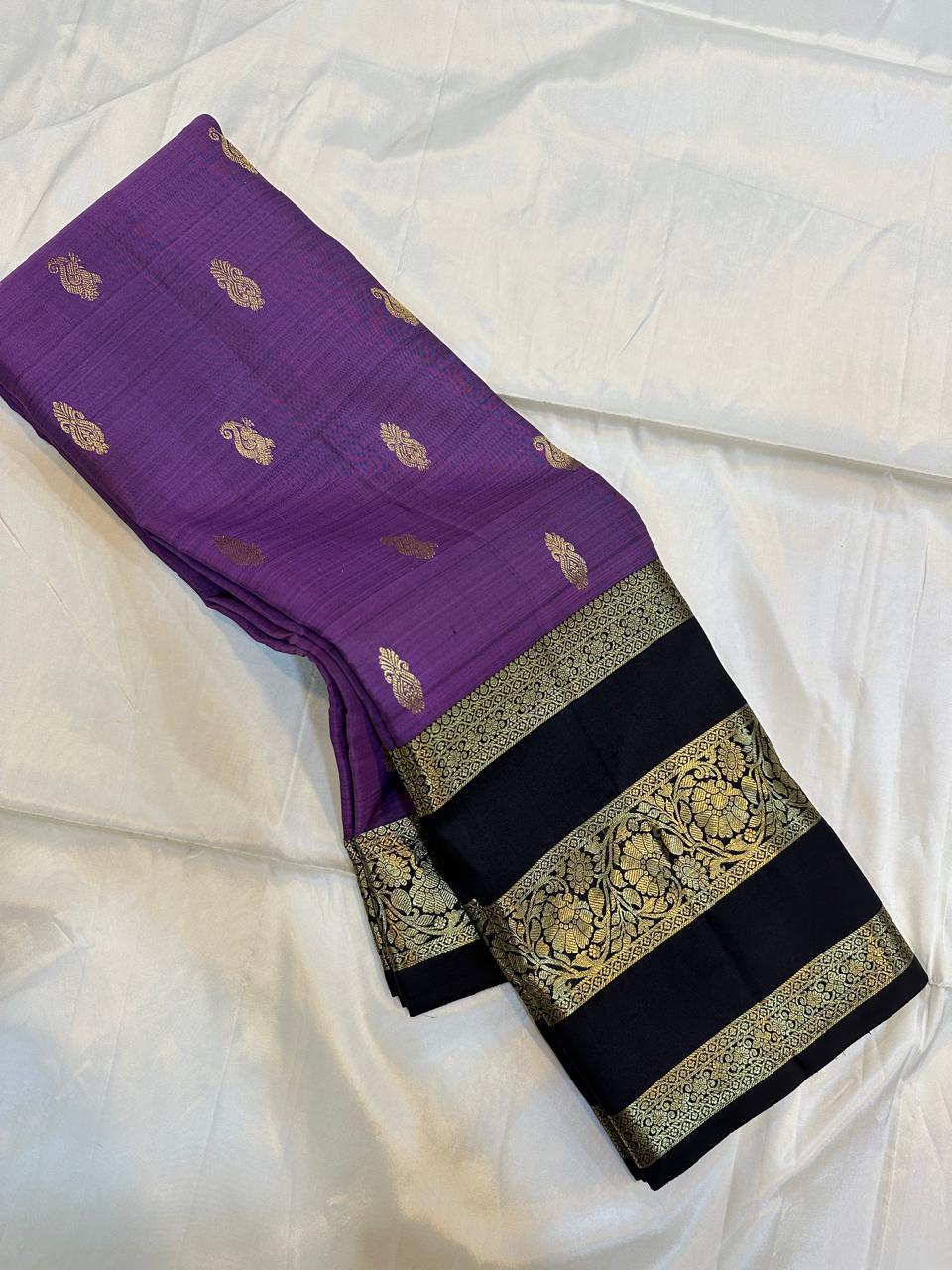 Amethyst Purple with Black Dense Gold Zari Border