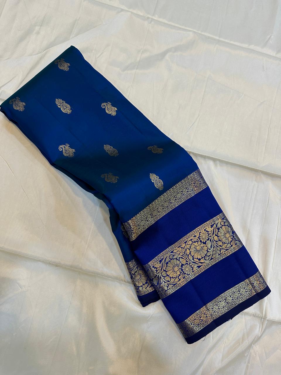 Peacock Teal with Royal Blue Gold Zari Border