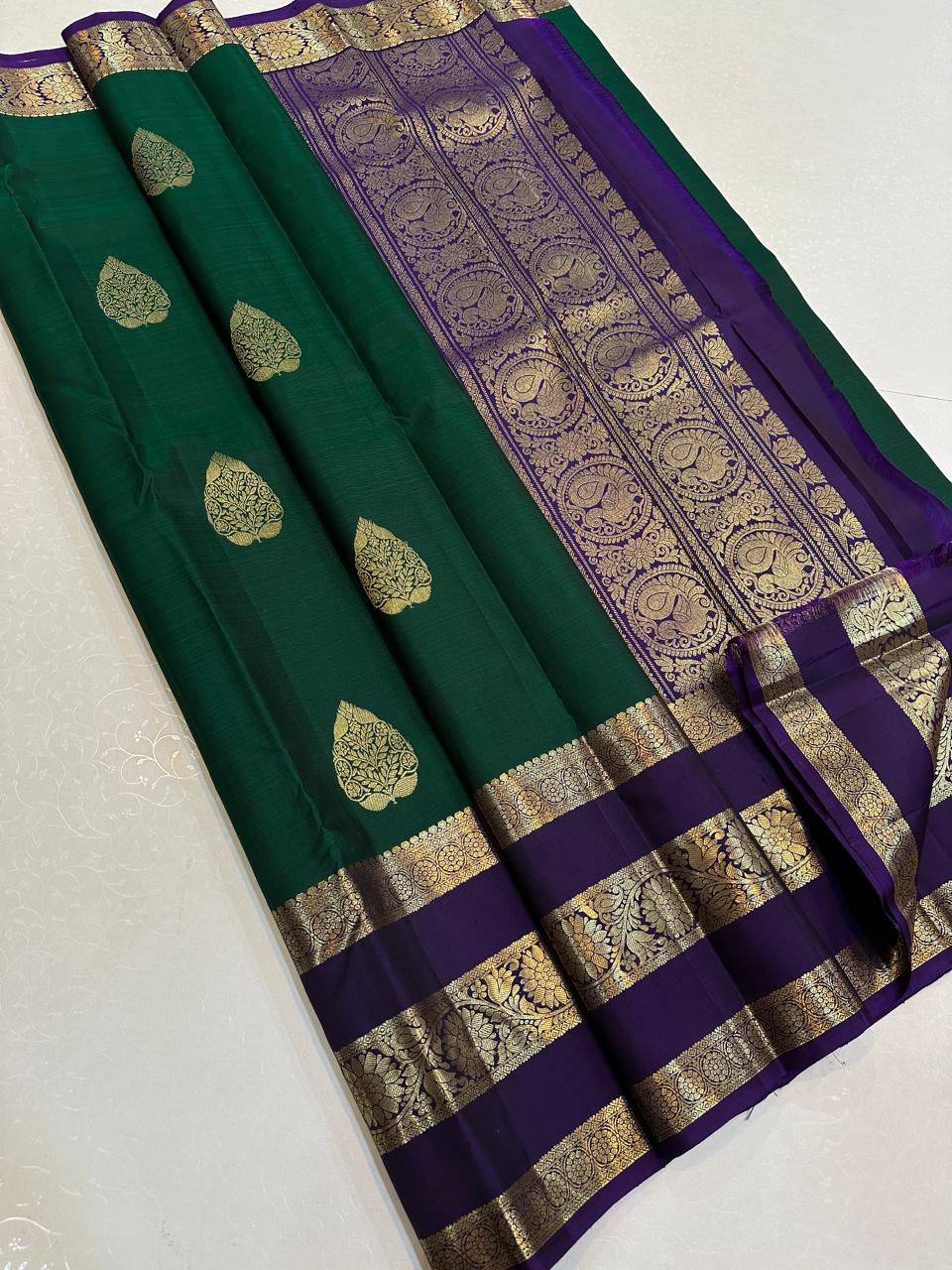 Forest Green with Deep Purple Gold Paisley Zari Border
