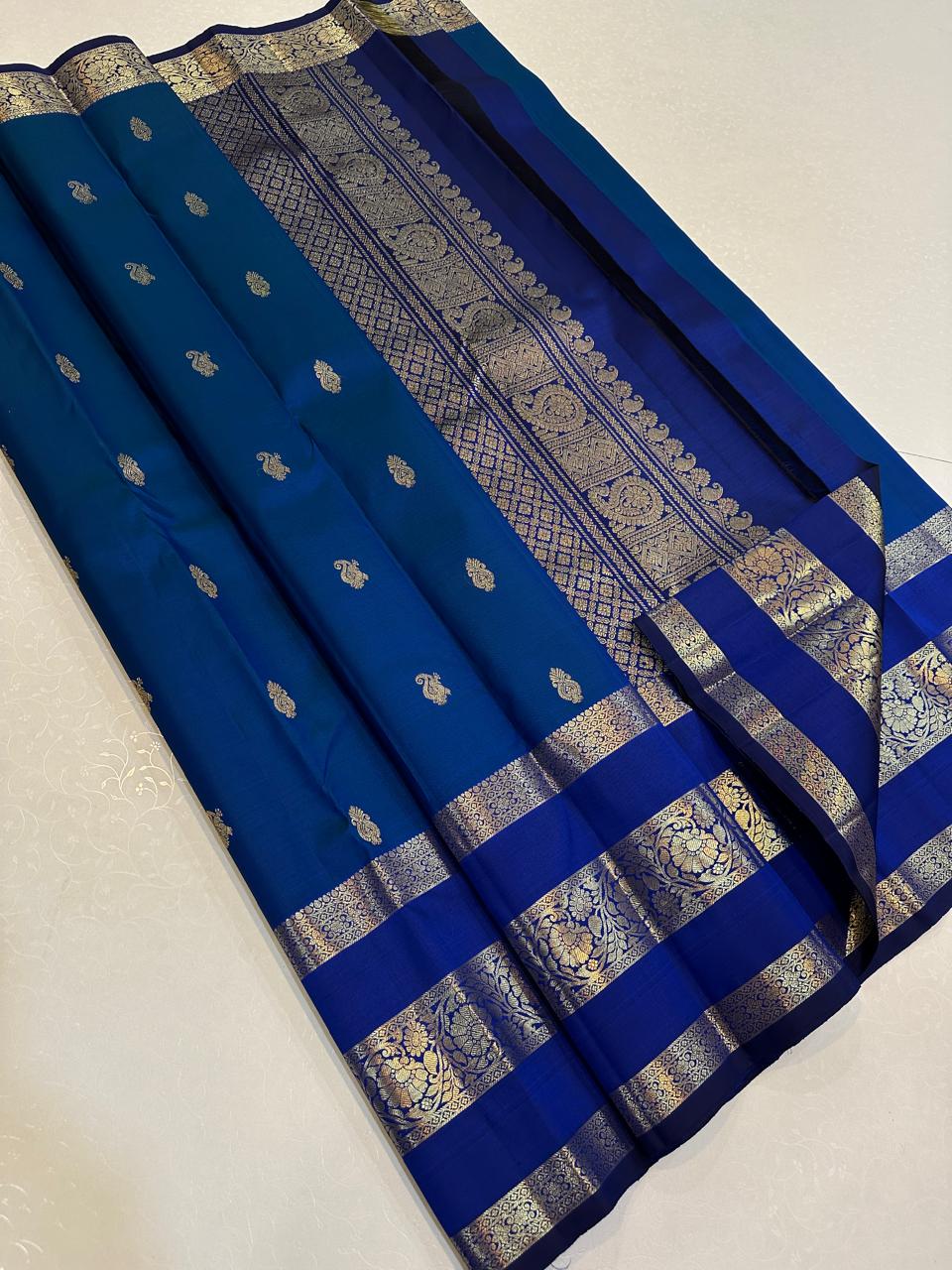 Peacock Teal with Royal Blue Gold Zari Border