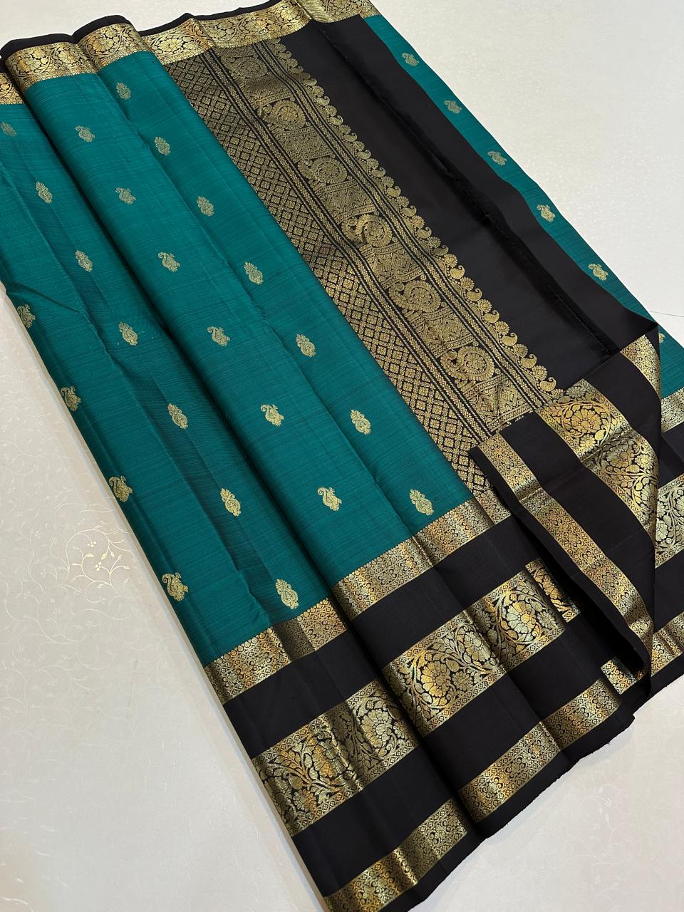 Emerald Teal with Black Dense Gold Zari Border