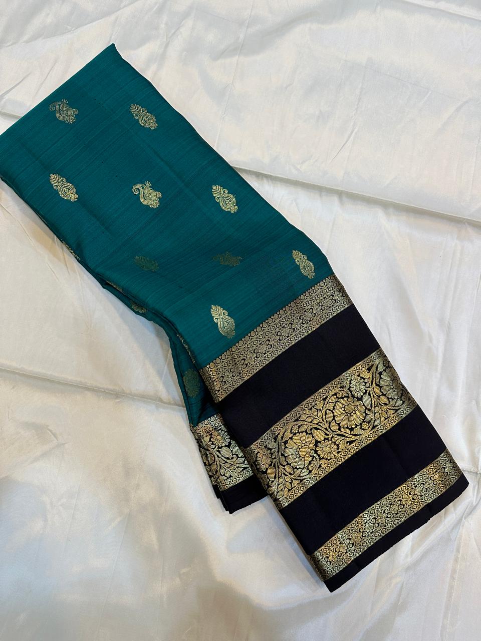 Emerald Teal with Black Dense Gold Zari Border