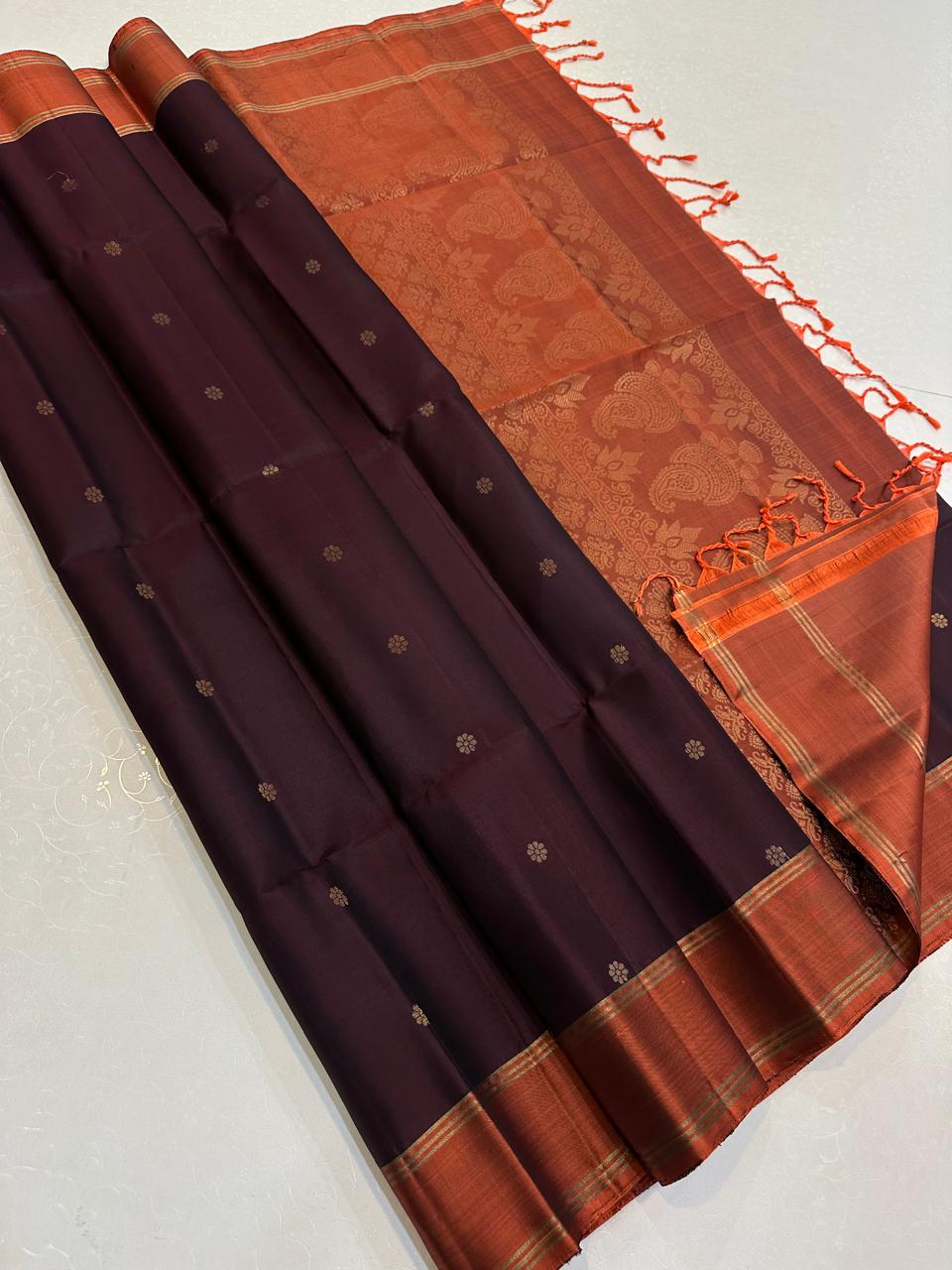 Deep Wine with Copper Orange Paisley Zari Pallu