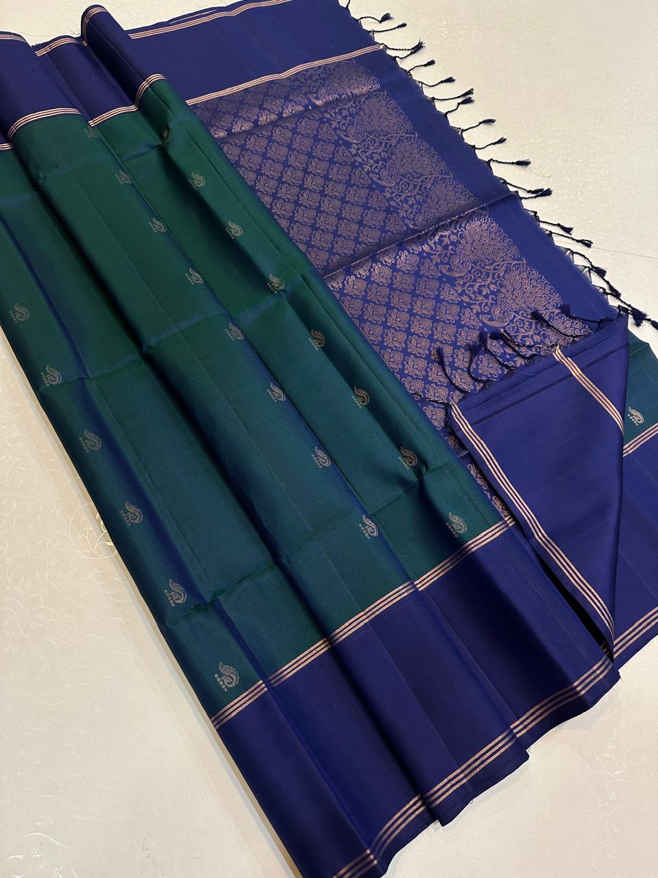 Bottle Green with Navy Blue Rose Gold Zari Pallu
