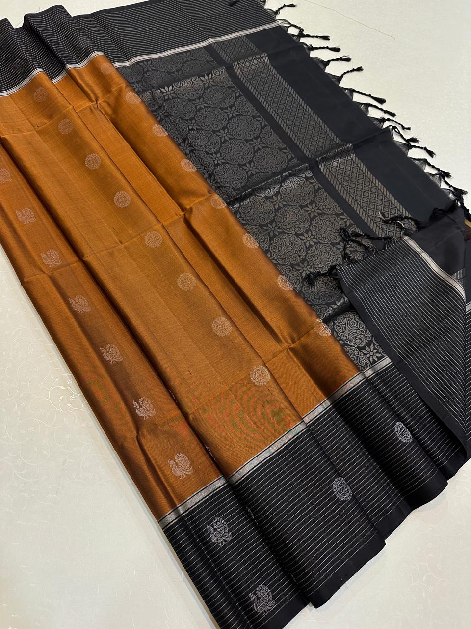 Mustard Gold with Black Silver Zari Pallu