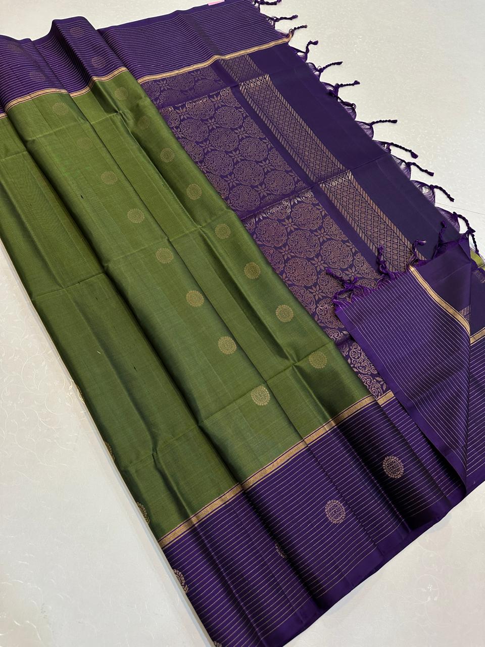 Olive Green with Deep Purple Gold Zari Pallu