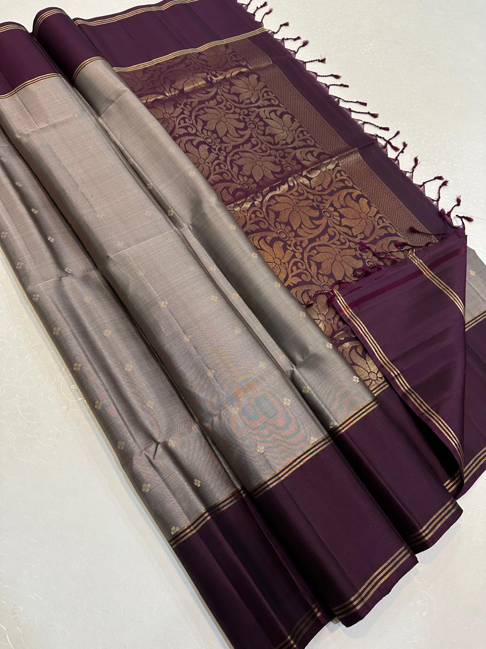 Silver Grey with Wine Copper Floral Zari Pallu