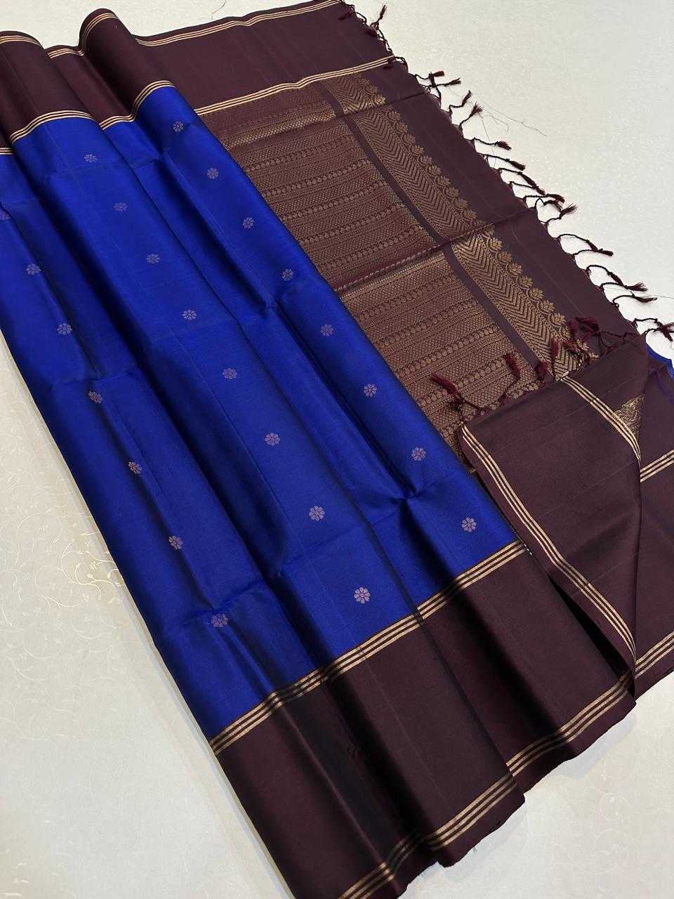 Royal Blue with Dark Chocolate Brown Zari Pallu