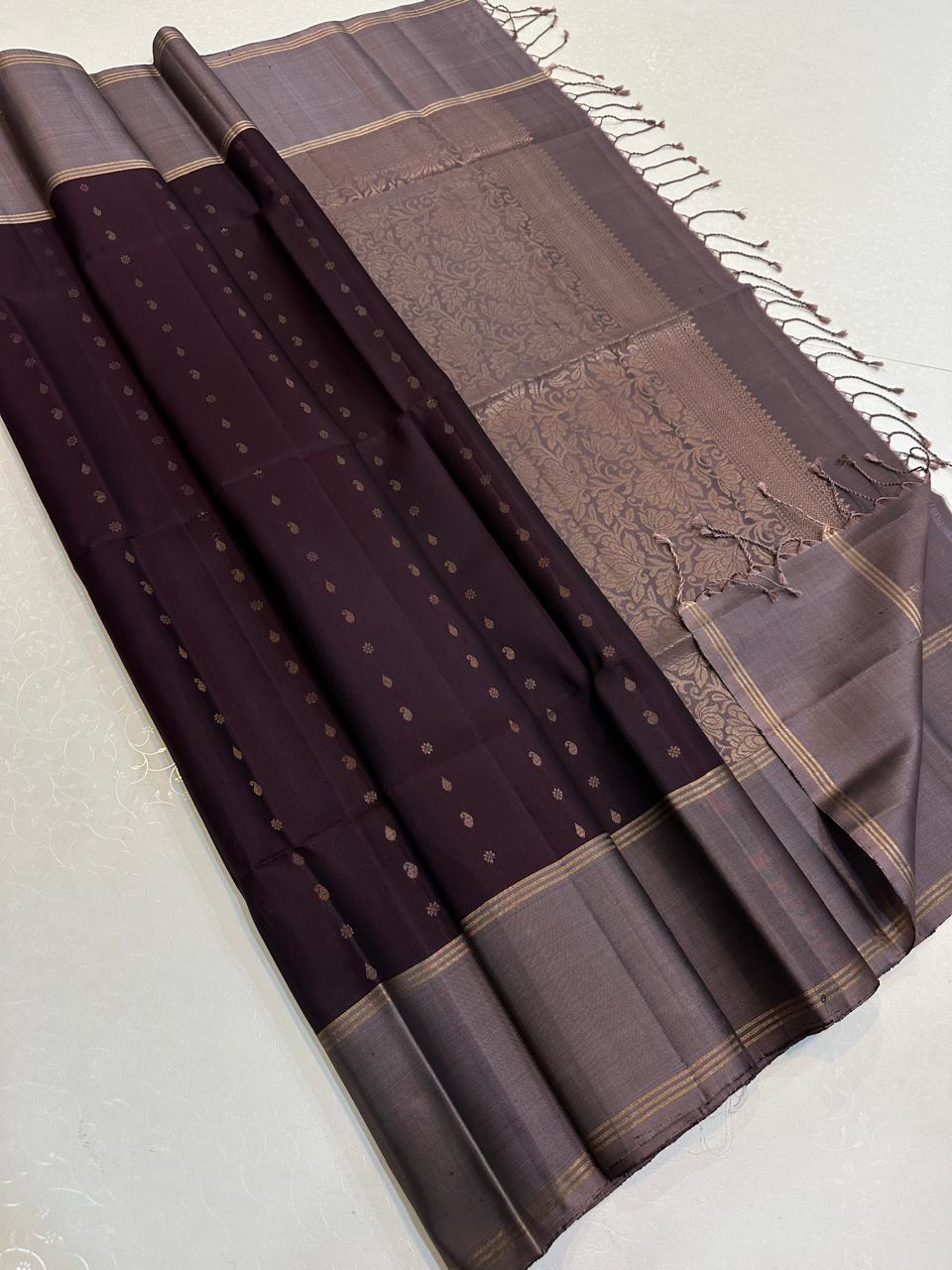 Deep Maroon with Grey Mauve Floral Zari Pallu