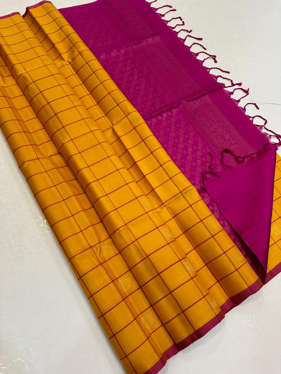 Golden Yellow Checks with Magenta Floral Zari Pallu