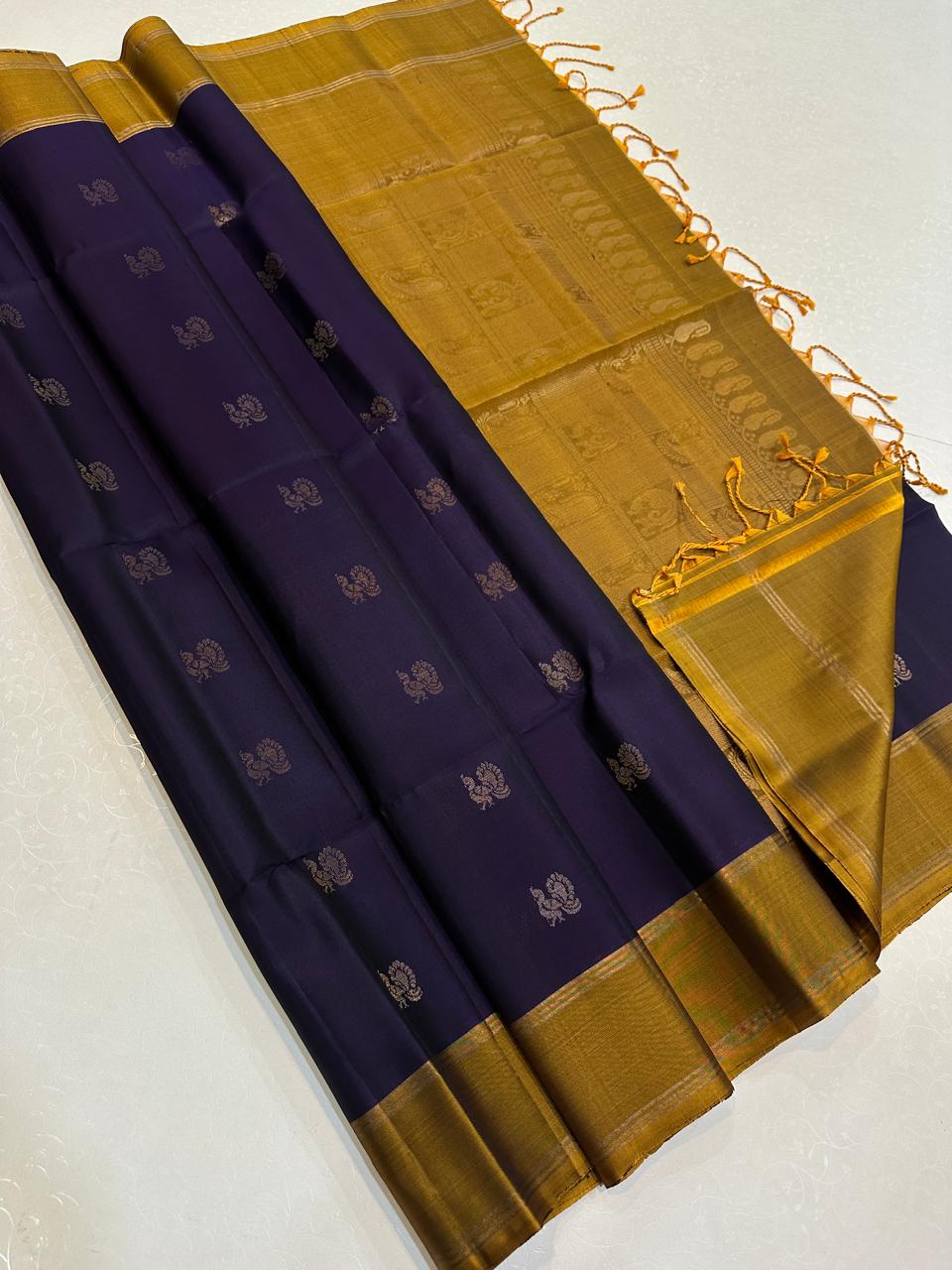 Deep Navy with Golden Mustard Temple Zari Pallu