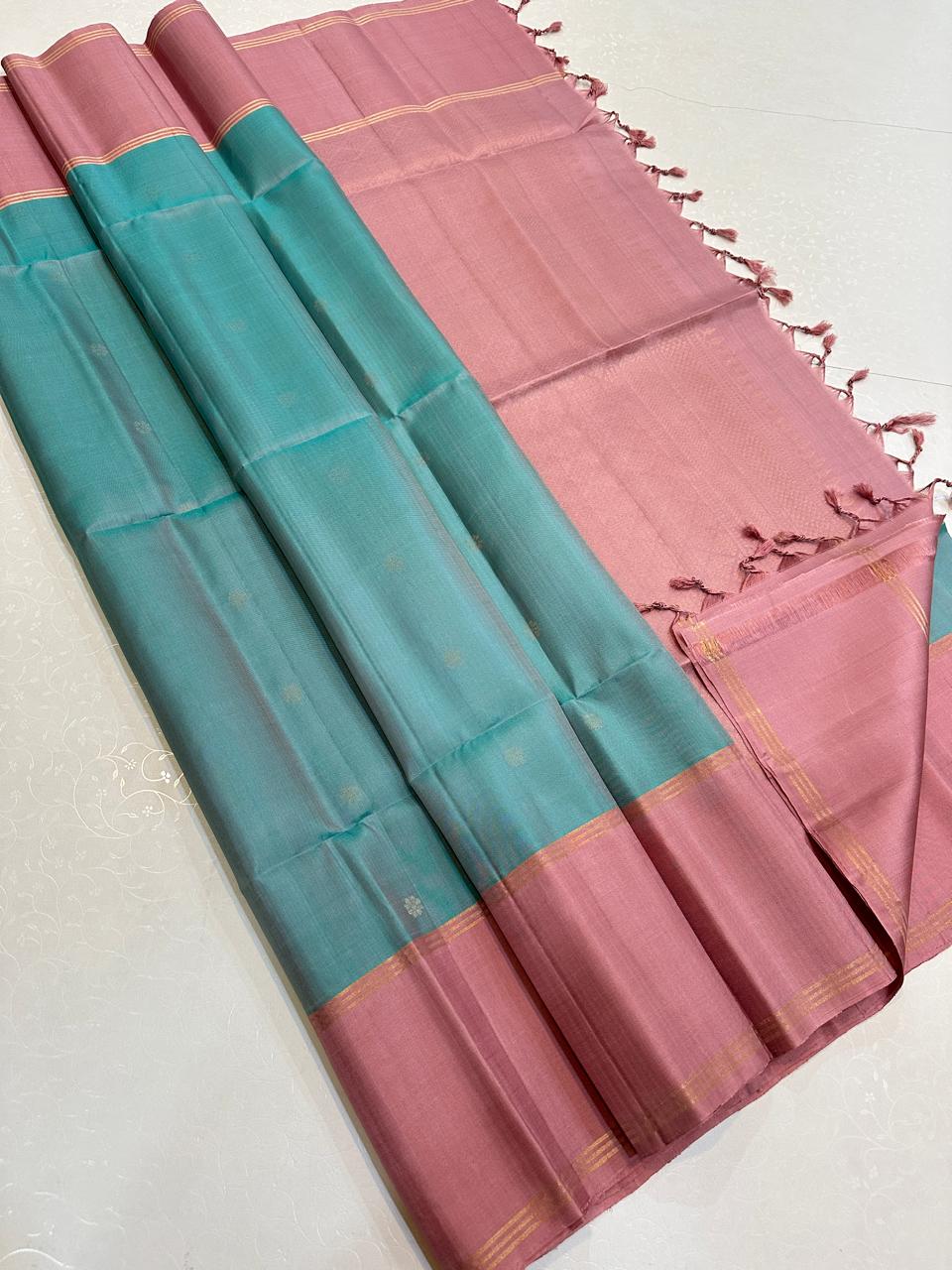 Teal Turquoise with Dusty Rose Gold Zari Border