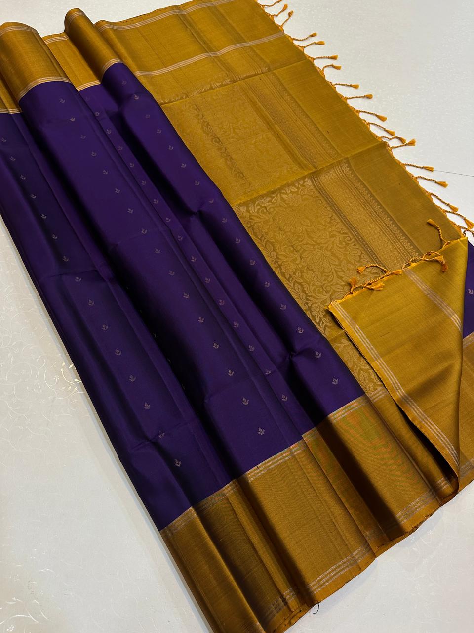 Deep Violet with Golden Mustard Floral Zari Pallu