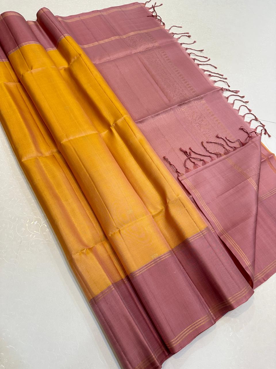 Mango Yellow with Dusty Rose Gold Zari Border