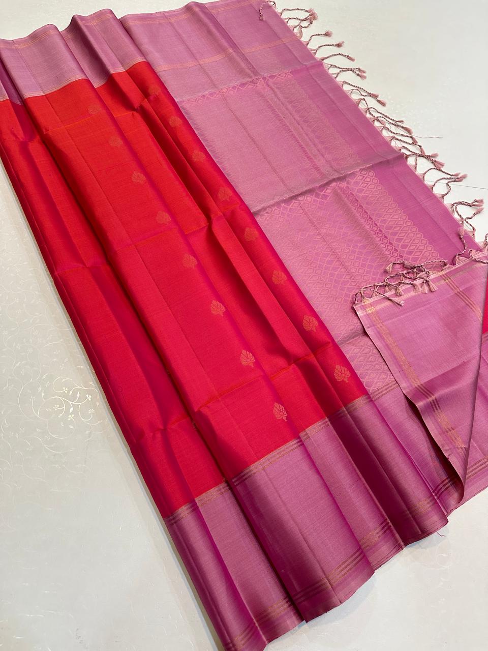 Scarlet Red with Lavender Diamond Zari Pallu