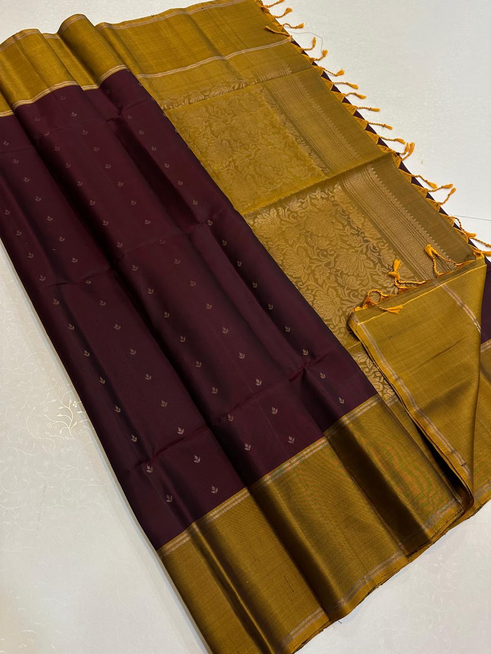 Deep Maroon with Golden Mustard Dense Floral Zari Pallu