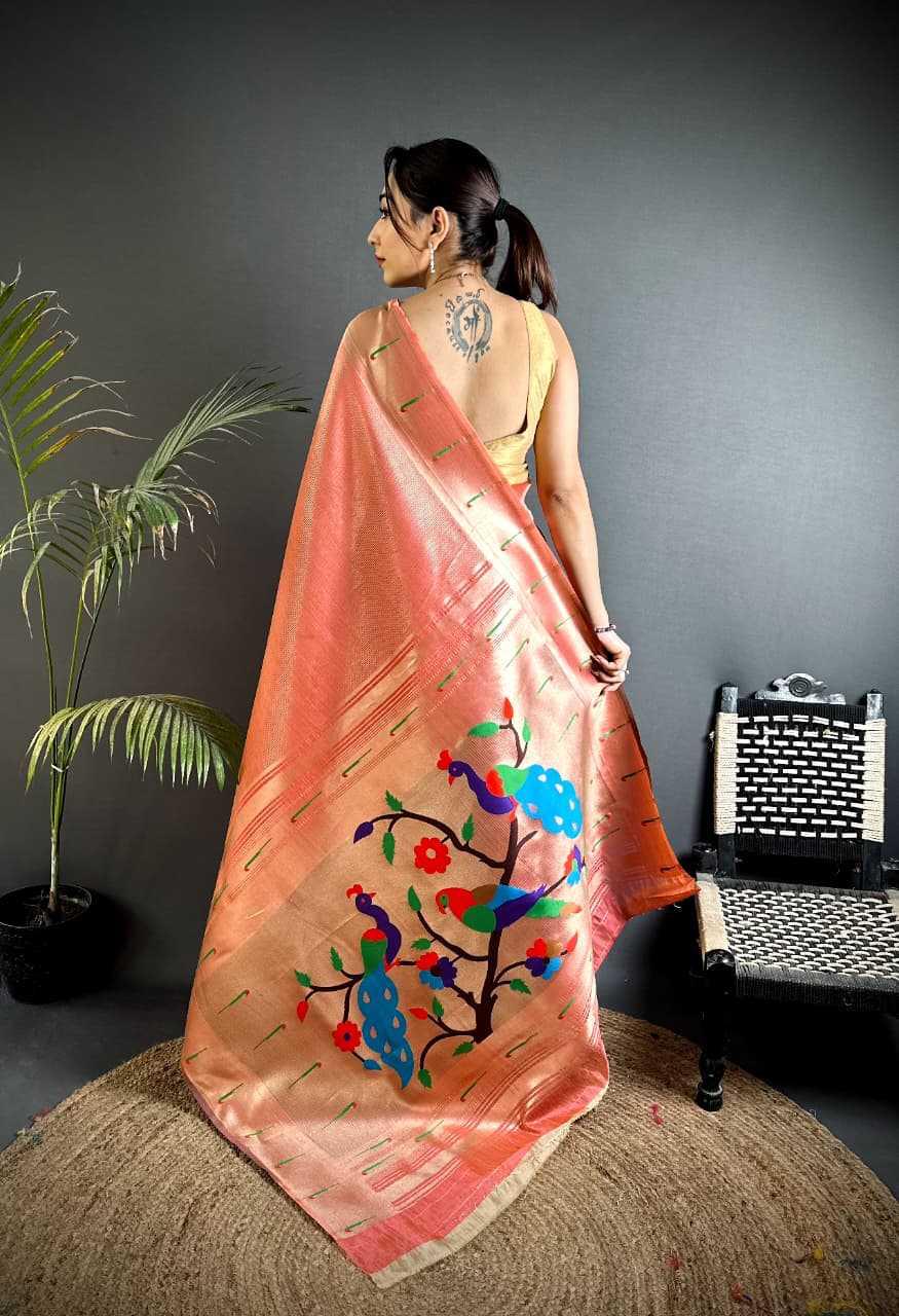 Peach Coral Kanjivaram Tissue Paithani Silk Saree | Parrot Pallu with Mina Zari Weaving