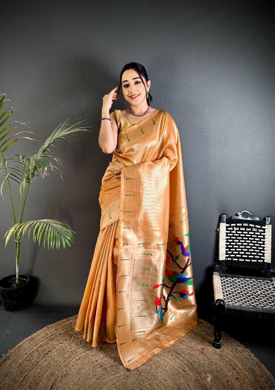 Golden Copper Kanjivaram Tissue Paithani Silk Saree | Parrot Pallu with Mina Zari Weaving