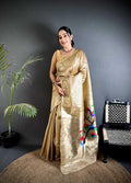 Beige Champagne Kanjivaram Tissue Paithani Silk Saree | Parrot Pallu with Mina Zari Weaving