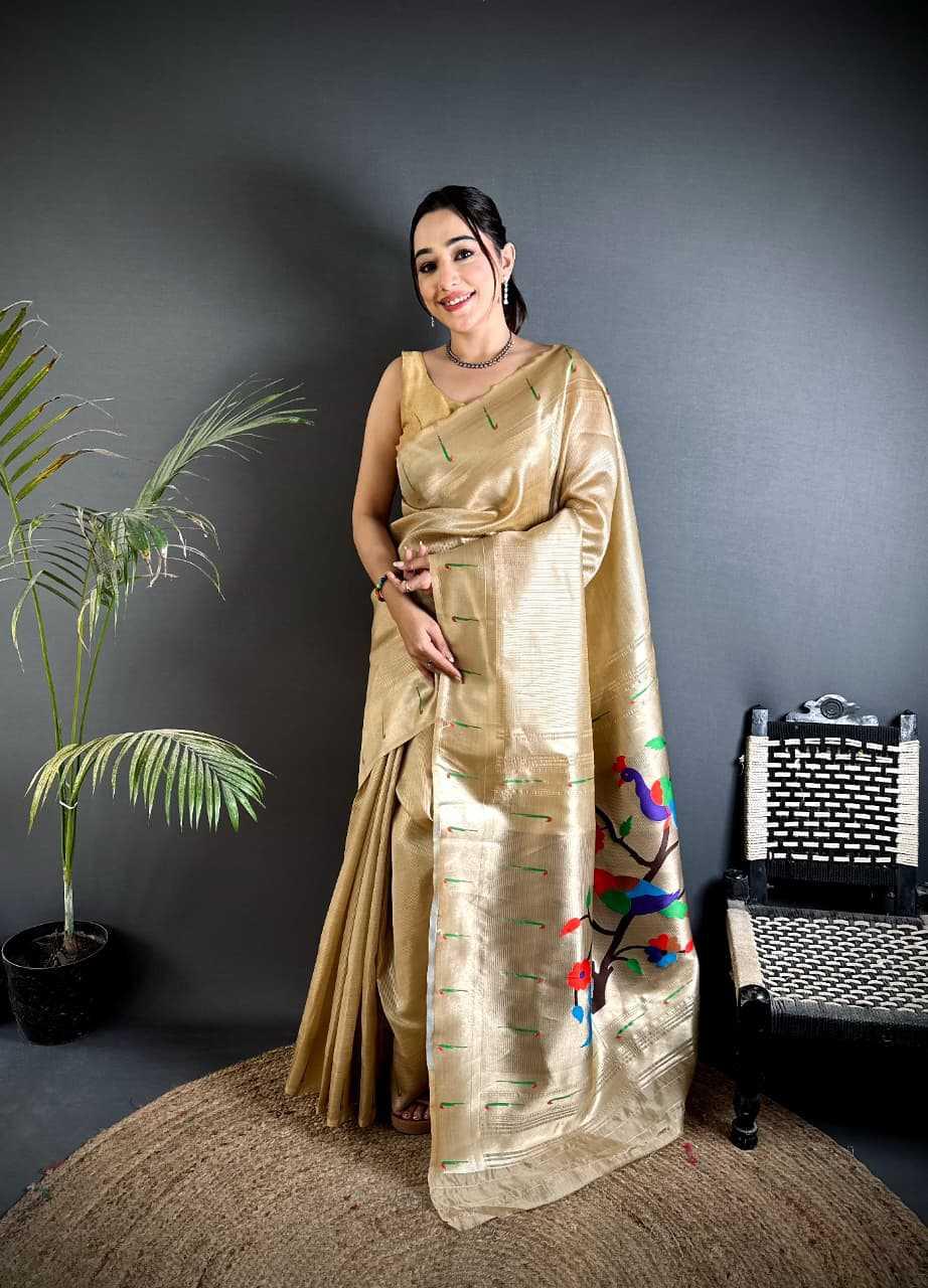 Beige Champagne Kanjivaram Tissue Paithani Silk Saree | Parrot Pallu with Mina Zari Weaving