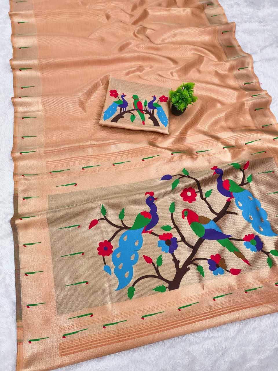 Golden Copper Kanjivaram Tissue Paithani Silk Saree | Parrot Pallu with Mina Zari Weaving