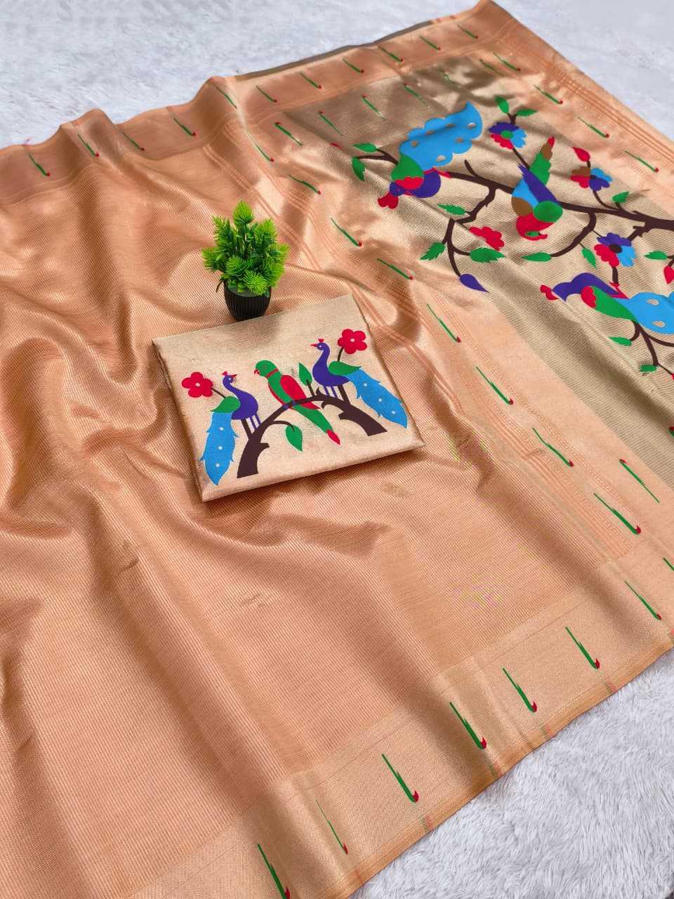 Golden Copper Kanjivaram Tissue Paithani Silk Saree | Parrot Pallu with Mina Zari Weaving