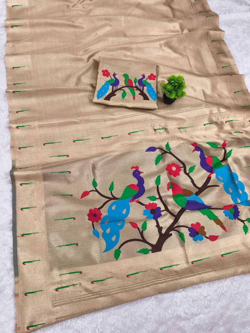 Beige Champagne Kanjivaram Tissue Paithani Silk Saree | Parrot Pallu with Mina Zari Weaving