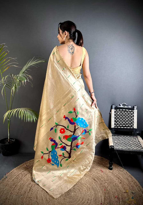 Beige Champagne Kanjivaram Tissue Paithani Silk Saree | Parrot Pallu with Mina Zari Weaving