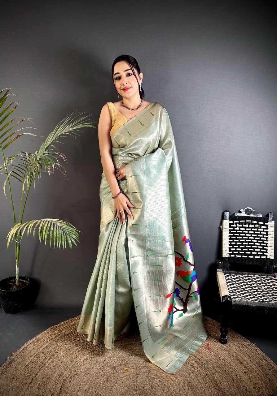 Mint Sage Green Kanjivaram Tissue Paithani Silk Saree | Parrot Pallu with Mina Zari Weaving