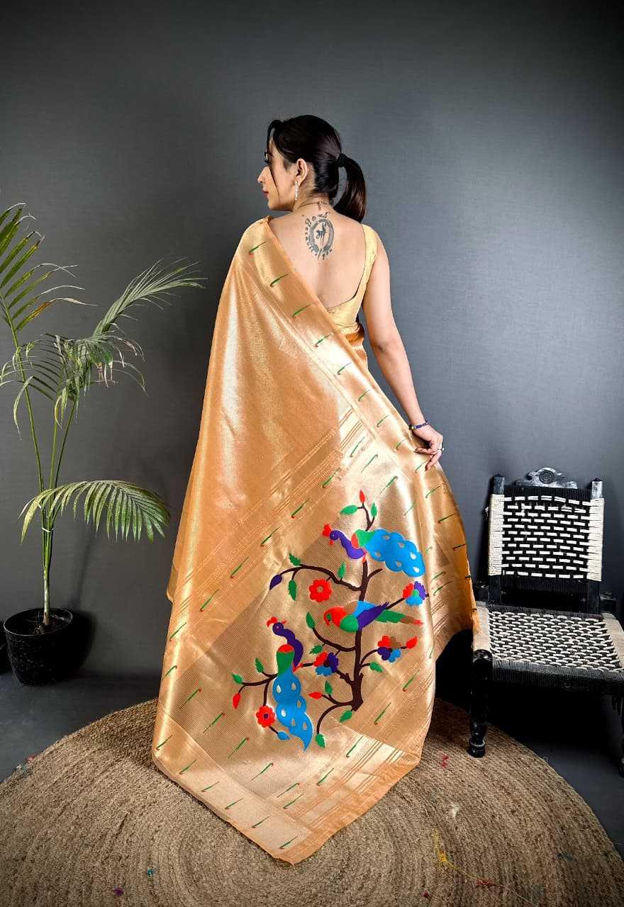 Golden Copper Kanjivaram Tissue Paithani Silk Saree | Parrot Pallu with Mina Zari Weaving