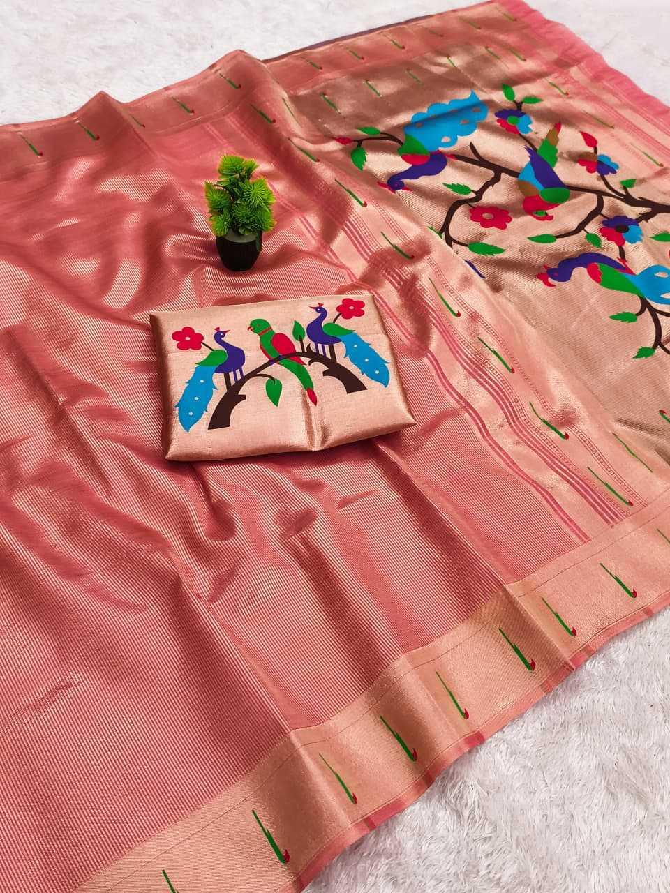 Peach Coral Kanjivaram Tissue Paithani Silk Saree | Parrot Pallu with Mina Zari Weaving