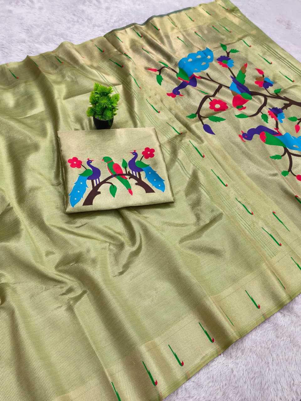 Pista Green Kanjivaram Tissue Paithani Silk Saree | Parrot Pallu with Mina Zari Weaving