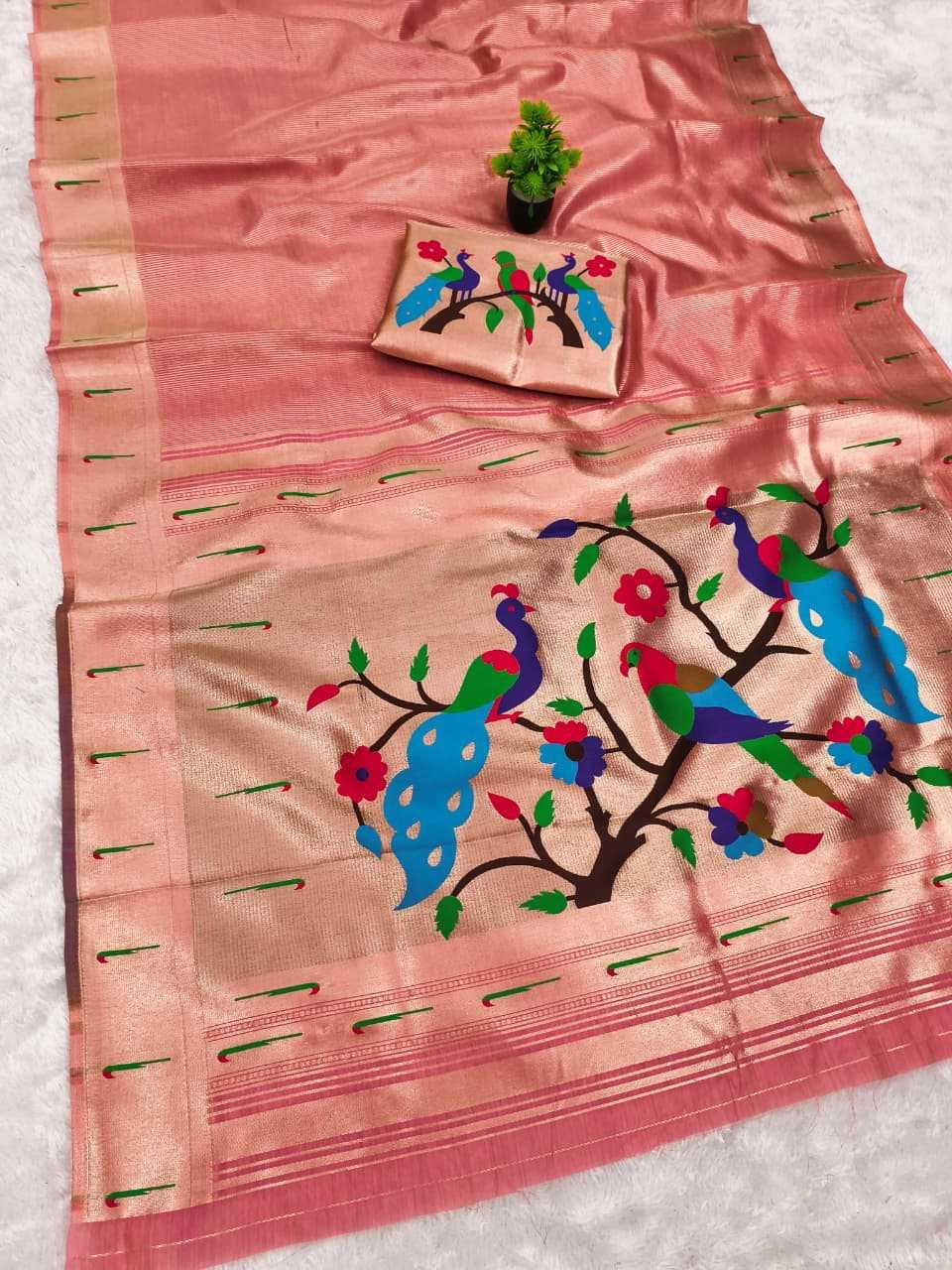 Peach Coral Kanjivaram Tissue Paithani Silk Saree | Parrot Pallu with Mina Zari Weaving