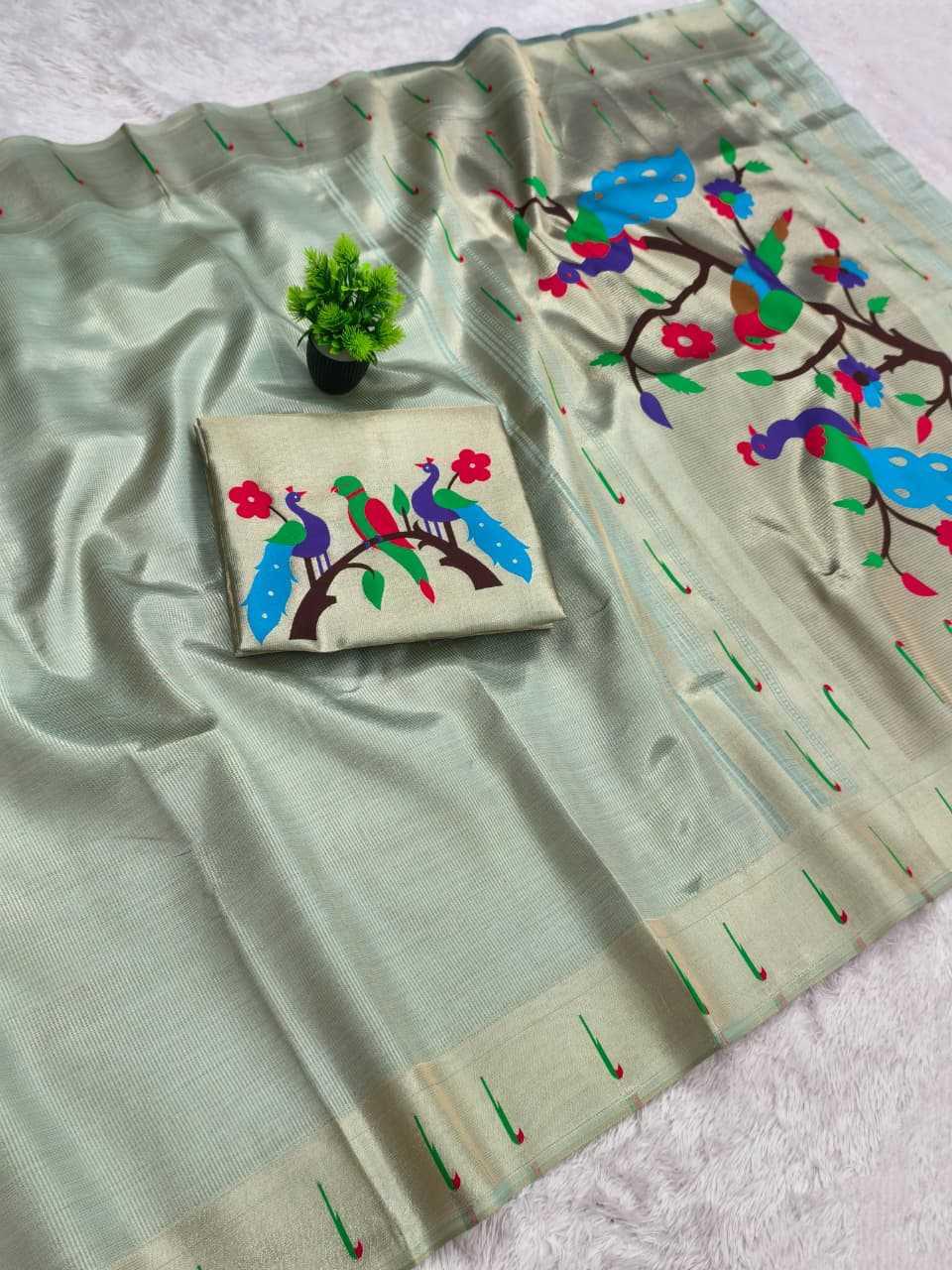 Mint Sage Green Kanjivaram Tissue Paithani Silk Saree | Parrot Pallu with Mina Zari Weaving