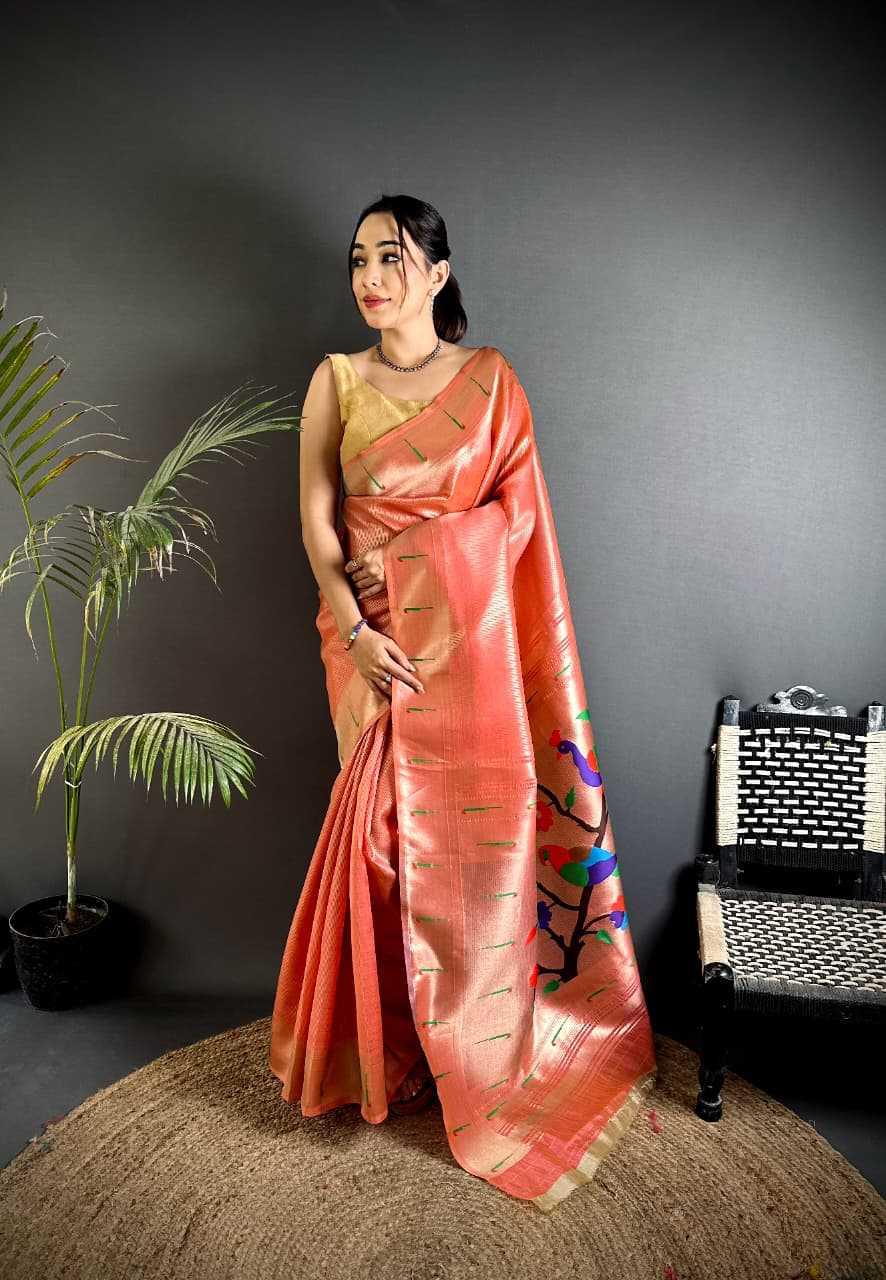 Peach Coral Kanjivaram Tissue Paithani Silk Saree | Parrot Pallu with Mina Zari Weaving