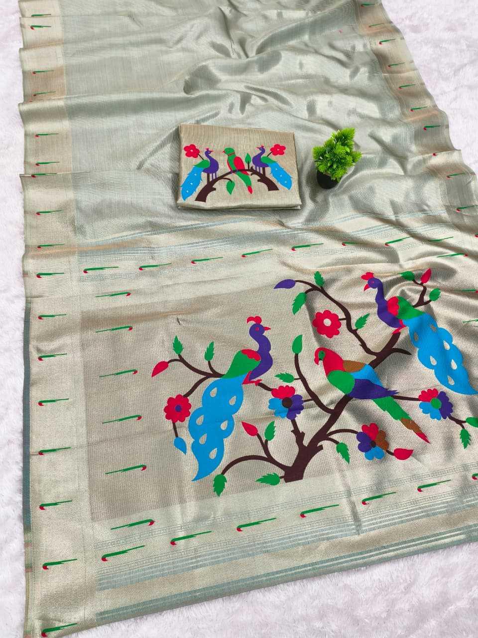 Mint Sage Green Kanjivaram Tissue Paithani Silk Saree | Parrot Pallu with Mina Zari Weaving