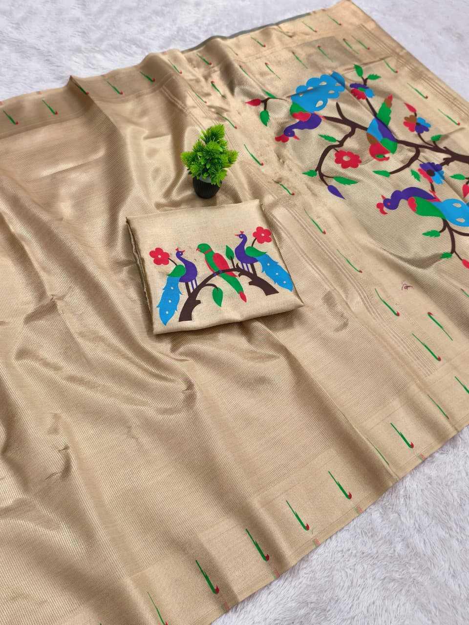 Beige Champagne Kanjivaram Tissue Paithani Silk Saree | Parrot Pallu with Mina Zari Weaving