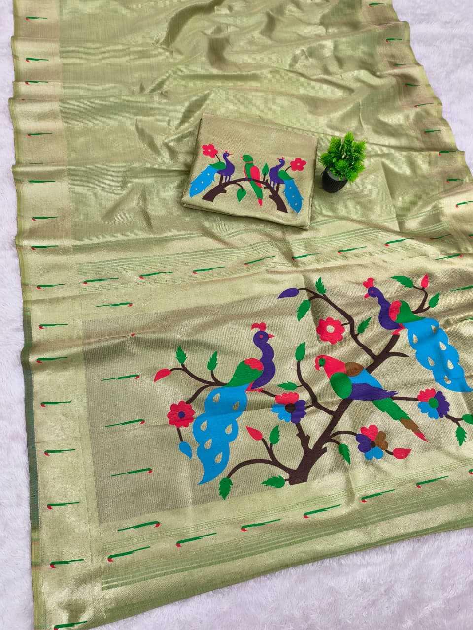 Pista Green Kanjivaram Tissue Paithani Silk Saree | Parrot Pallu with Mina Zari Weaving